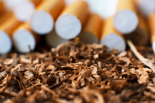 kotitekoisia savukkeita ja tupakkaa, lähikuva kopiotilaa. Savukkeiden tuotanto - Valokuva, kuva