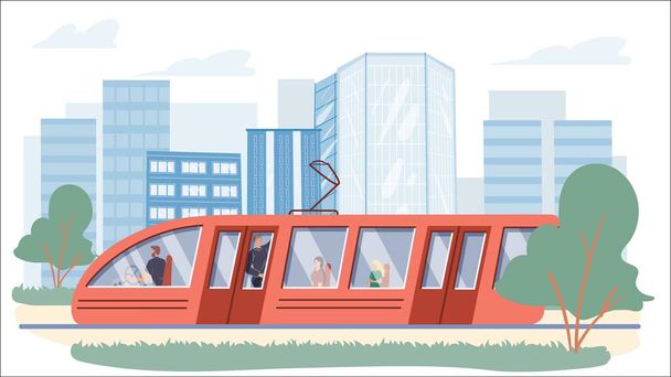 Flat cartoon characters in modern tram car,city life scene vector illustration concept - Vector, Image