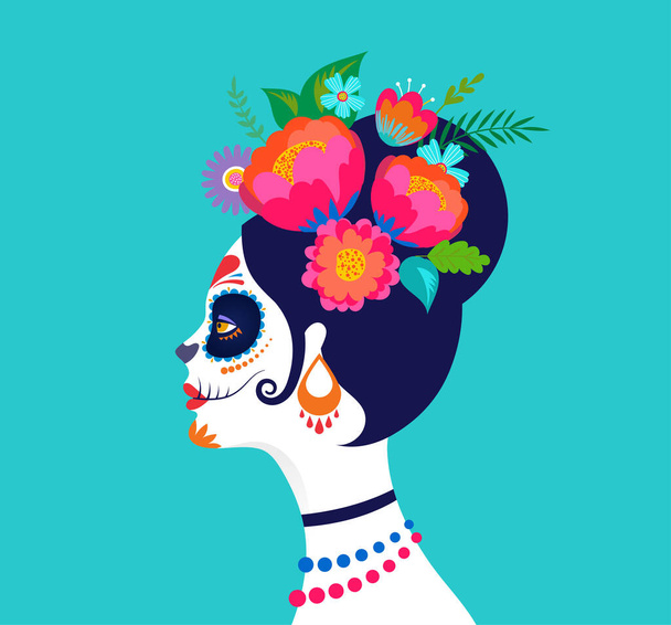 Día de los muertos, Día de los muertos, fiesta mexicana, festival. Cartel, estandarte y tarjeta con maquillaje de cráneo de azúcar, mujer con corona de flores. Diseño de concepto de Halloween - Vector, imagen