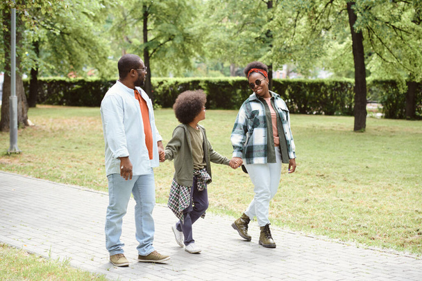 Famiglia africana contemporanea che parla passeggiata nel parco - Foto, immagini