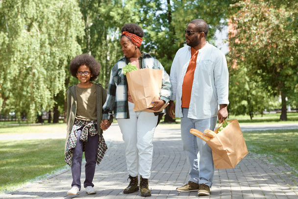 Współczesna rodzina w stroju casualwear wraca do domu z supermarketu - Zdjęcie, obraz