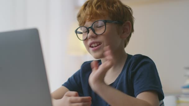 Meilleurs cours en ligne pour les enfants. Heureux intéressé petit rouquin garçon portant des lunettes de vue visioconférence avec le professeur - Séquence, vidéo