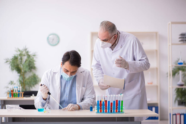 Dwóch chemików pracujących w laboratorium podczas pandemii - Zdjęcie, obraz
