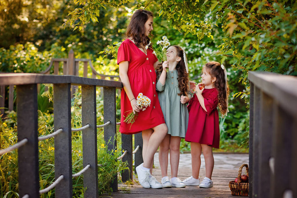 Una madre embarazada con un vestido rojo y sus dos hijas en la naturaleza. La familia está de pie en el puente sosteniendo un ramo de margaritas en sus manos. - Foto, Imagen