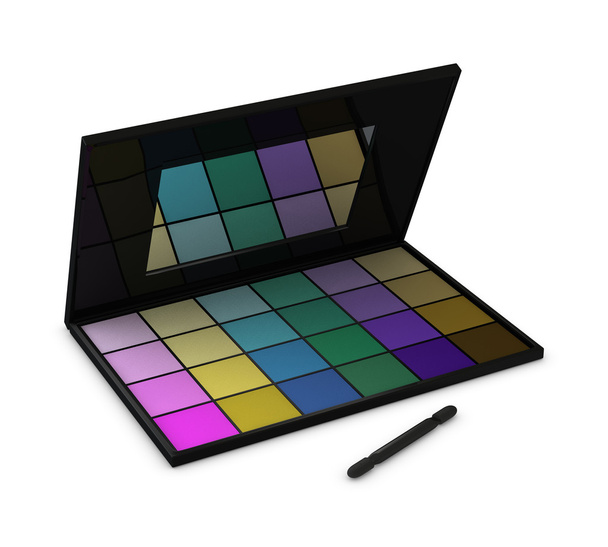 Una caja de sombra de ojos con muchos colores y un cepillo
 - Foto, imagen