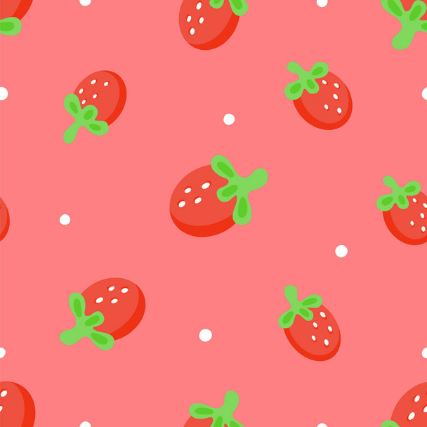 Strawberry seamless pattern with white dots. Delicious Strawberries randomly located on a pink background. Rounded Strawberry with polka dots pattern for fabric, paper, textile, cover. Vector print. - Vector, Image