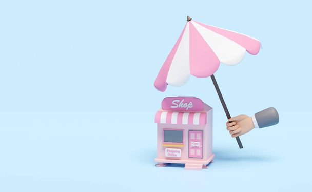 personaje de dibujos animados manos de hombre de negocios sosteniendo paraguas con tienda rosa o frente de la tienda aislado en fondo azul, proteger el concepto de negocio de franquicia de inicio, ilustración 3d o renderizado 3d - Foto, imagen
