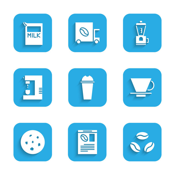 Set Milkshake, Newspaper and coffee, Coffee beans, V60 maker, Cookie or biscuit, machine, Electric grinder and Paper package for milk icon. Vector - Вектор,изображение