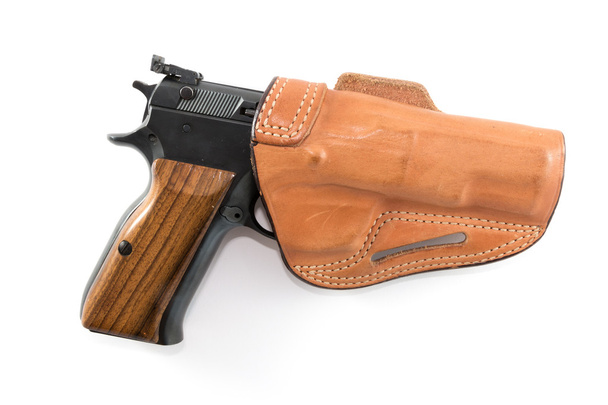 Pistola Parabellum 9mm in fondina di pelle marrone
 - Foto, immagini