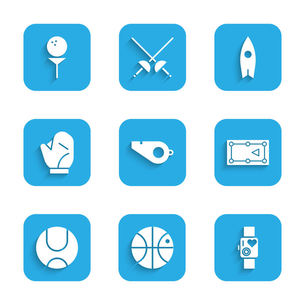 Set Whistle, bola de basquete, relógio inteligente mostrando ritmo cardíaco, mesa de bilhar, tênis, luva de beisebol, prancha de surf e golfe no ícone de T. Vetor - Vetor, Imagem