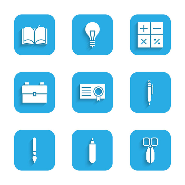 Set Certificate template, Marker pen, Scissors, Pen, Paint brush, School backpack, Calculator and Open book icon. Vector - Вектор,изображение
