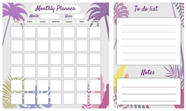 Μηνιαίο διάνυσμα προτύπου Planner. Παλάμες floral διακόσμηση φόντο, To Do λίστα, σημειώσεις. Business notebook διαχείριση, διοργανωτής - Διάνυσμα, εικόνα