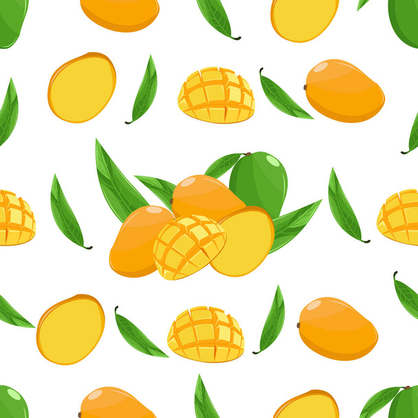 白い背景にマンゴーのシームレスなパターンのベクトルイラスト。熟したマンゴーと生マンゴー。半分とマンゴースライス。ギフトラップのためのシームレスパターン. - ベクター画像