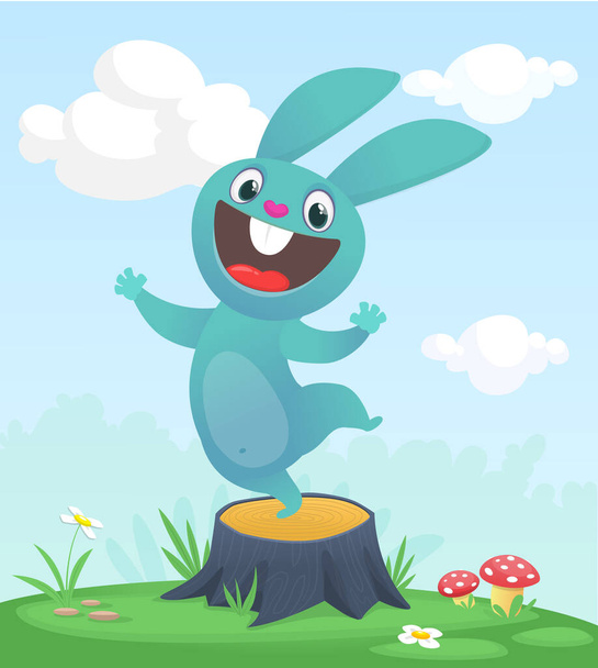 Cartoon funny and happy rabbit standing on the summer meadow on the tree stump. Vector illustration of easter bunny hare isolated - Вектор, зображення
