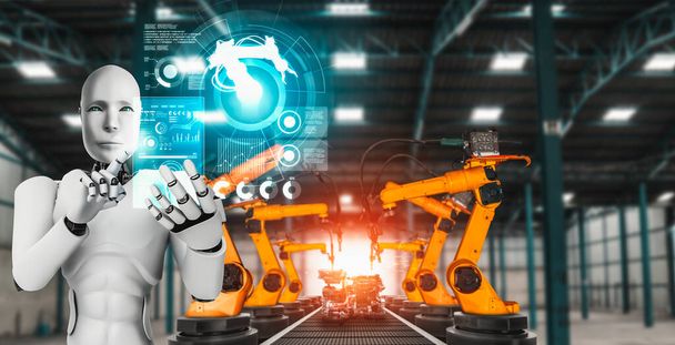 Robot industrial mecanizado y brazos robóticos para montaje en producción en fábrica . - Foto, Imagen