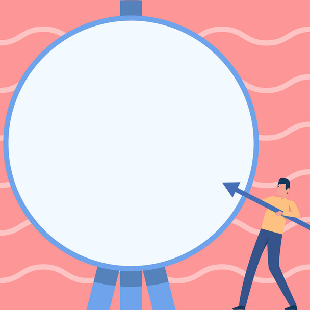 Man Drawing Standing Holding Large Arrow Pointing Towards Big Circular Target On Tripod. Gentleman Design Carrying Large Bolt Points To Large Round Thing. - Vector, Imagen