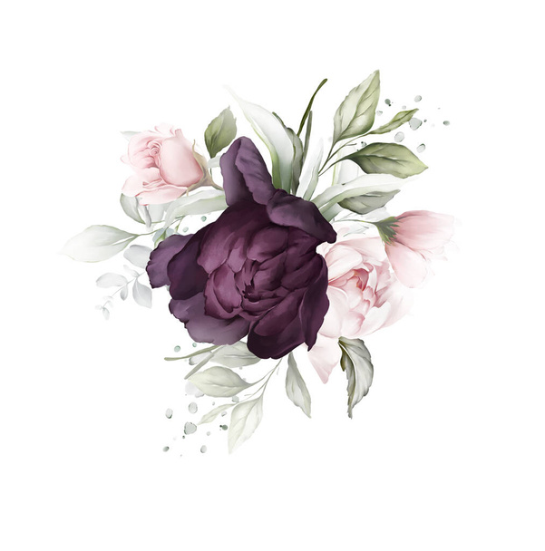 Flower composition with a purple rose and delicate peony. Greeting card in watercolor style - Photo, Image