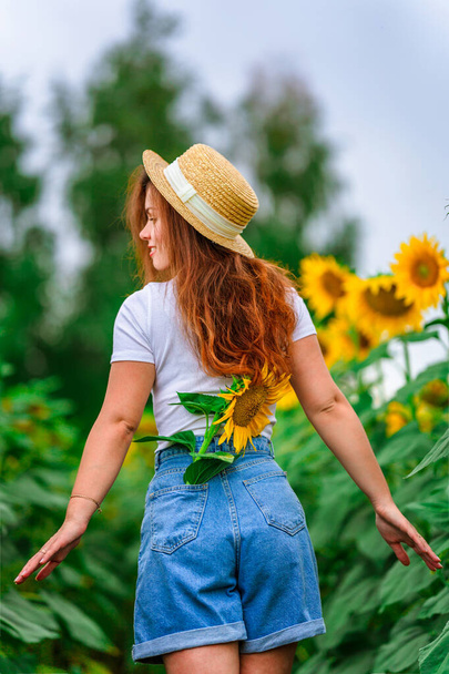 Χαριτωμένη νεαρή γυναίκα σε ένα χωράφι με ηλιοτρόπια. Όμορφη καλοκαιρινή ιδέα - Φωτογραφία, εικόνα