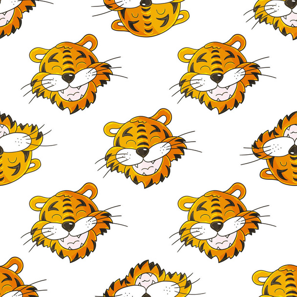 Year of the tiger. Seamless vector pattern with tigers faces. Pattern in hand draw style. New Year's holidays 2022. Can be used for fabric, packaging, wrapping paper and etc - ベクター画像