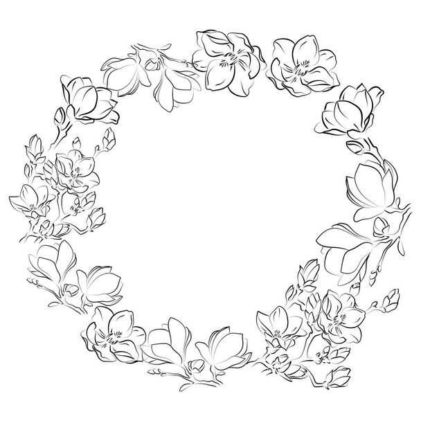 Elegant outline sketching of magnolia flowers, vector illustration, seamless pattern - Vecteur, image