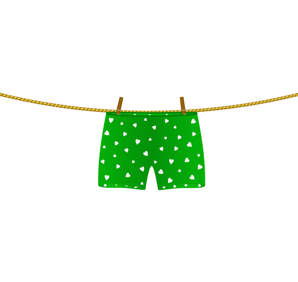 Boxer shorts with white hearts hanging on rope - Vector, Imagen
