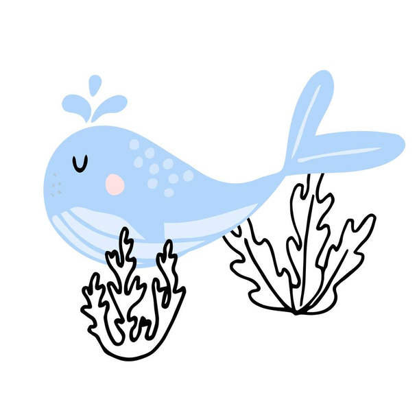 Vector hand-drawn childrens illustration of a cute blue whale. A whale swimming near the algae. The illustration is suitable for postcards, textiles, prints. - Vecteur, image