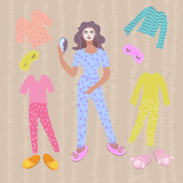 A woman in pajamas with a cosmetic mask on her face and a mirror. A set of pajamas and slippers. - Vector, Image