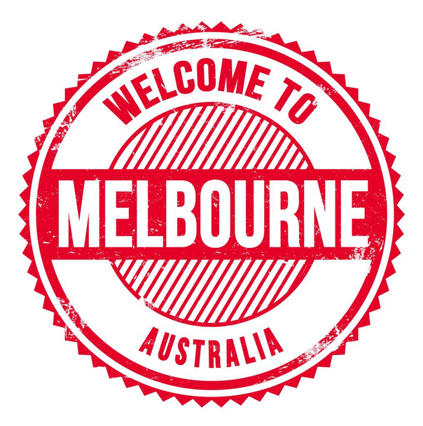 WELCOME TO MELBOURNE - AUSTRALIA, words written on red zig zag stamp - Valokuva, kuva