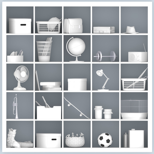 білі полиці з різними предметами, пов'язаними з будинком
 - Фото, зображення