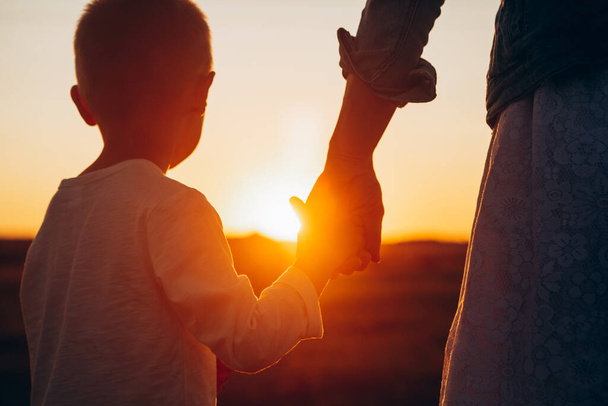 Mother leads her kid in summer meadow nature outdoor. Trust, family, protection and help concept. Female and child's hands close up against the sunset background of summer field - Photo, Image
