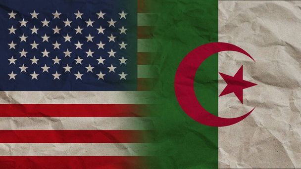 Cezayir ve Amerika Birleşik Devletleri Bayrakları Buruşuk Kağıt Efekti Arkaplan 3D İllüstrasyon - Fotoğraf, Görsel