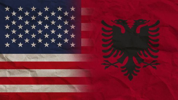 Arnavutluk ve ABD Bayrakları Birlikte, Buruşuk Kağıt Efekti Arkaplan 3D Görüntü - Fotoğraf, Görsel