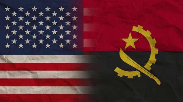 Angola ve Amerika Birleşik Devletleri Bayrakları, Buruşuk Kağıt Efekti Arkaplan 3D Görüntü - Fotoğraf, Görsel