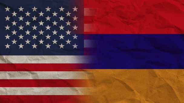 Ermenistan ve Amerika Birleşik Devletleri Bayrakları, Kırışık Kağıt Efekti Arkaplan 3D İllüstrasyon - Fotoğraf, Görsel