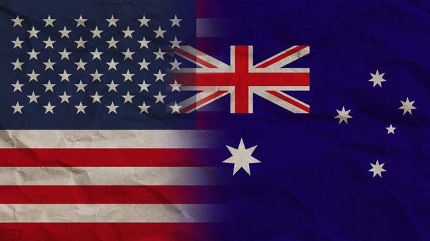 Avustralya ve ABD Bayrakları Birlikte, Buruşuk Kağıt Efekti Arkaplan 3D Görüntü - Fotoğraf, Görsel
