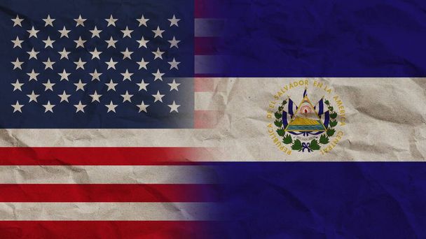 El Salvador ve Amerika Birleşik Devletleri Bayrakları Buruşuk Kağıt Efekti Arkaplan 3D Görüntü - Fotoğraf, Görsel
