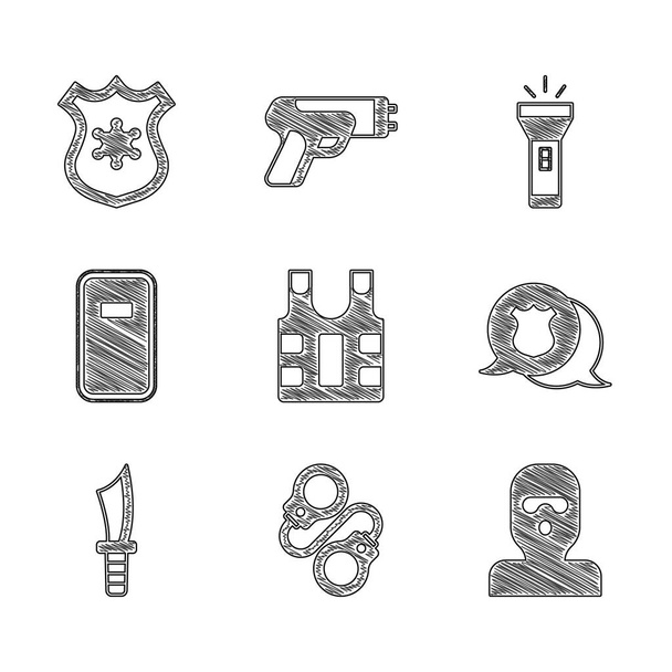 Набор бронежилет, наручники, маска вора, полицейский значок, военный нож, штурмовой щит, фонарик и значок. Вектор - Вектор,изображение