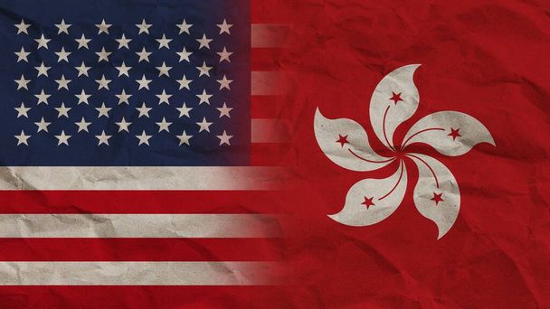 Hongkong und die Vereinigten Staaten Amerika Flaggen zusammen, zerknüllter Papiereffekt Hintergrund 3D Illustration - Foto, Bild