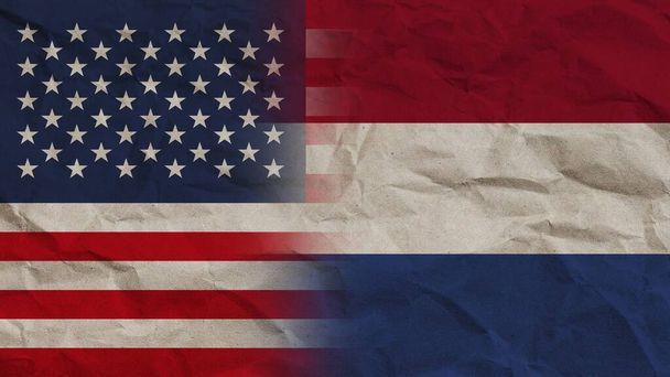 Netherlands and United States America Flags Together, Crumpled Paper Effect Background 3D Illustration - Photo, Image