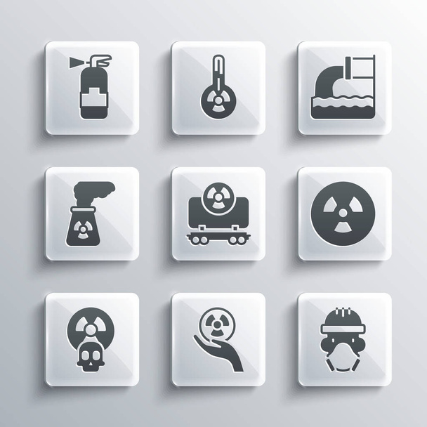 Set Radioactive, Nuclear reactor worker, cargo train, power plant, Fire extinguisher and Wastewater icon. Vector - Vetor, Imagem