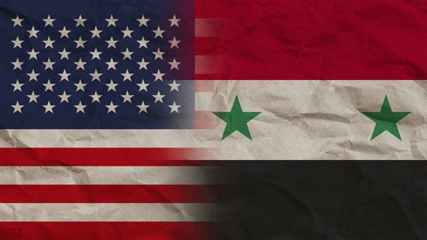 Suriye ve ABD Bayrakları Birlikte, Buruşuk Kağıt Efekti Arkaplan 3D Görüntü - Fotoğraf, Görsel