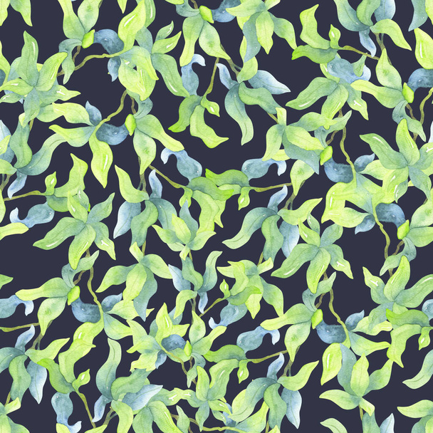 Sunny green leaves on intertwining branches. Seamless watercolor pattern on a gray background. Illustration for covers, gift paper, cards, packaging. - Фото, изображение