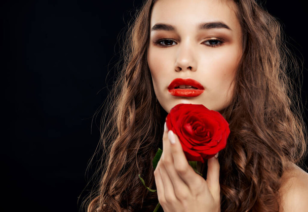 pretty brunette bright makeup luxury passion red rose - Photo, Image