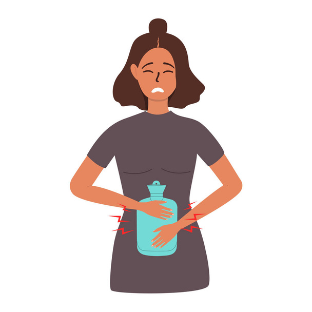 Una ilustración de dibujos animados vectoriales planos de una mujer infeliz que alivia el dolor en el área abdominal con una almohadilla térmica de goma. - Vector, imagen