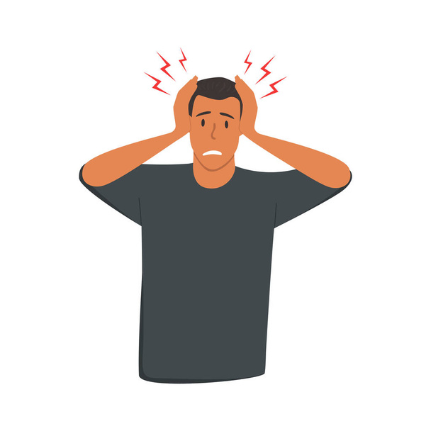 Una ilustración vectorial plana de un hombre con la cabeza en las manos debido al dolor o el estrés. Diseño aislado sobre fondo blanco. - Vector, imagen