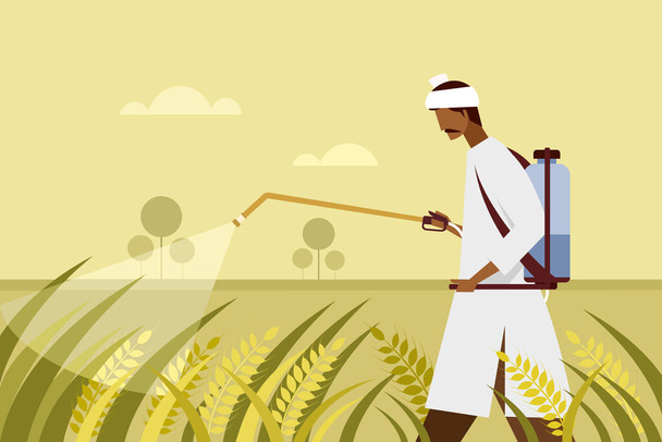 Ilustración de un agricultor indio rociando pesticidas en el campo agrícola - Vector, imagen