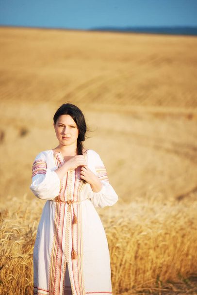 A girl in an embroidered traditional dress with  in a yellow wheat field at sunset. Traditional Ukrainian women's clothing, grain harvesting. Retro vintage photo. - Фото, зображення