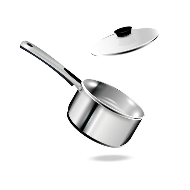 Vektorová realistická maketa prázdného ocelového talíře s držadlem a víkem. Nerezové kuchyňské nádobí izolované na bílém pozadí - Vektor, obrázek