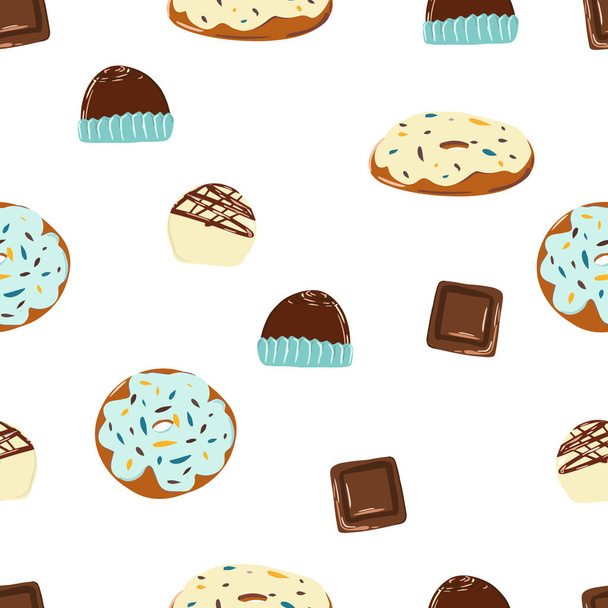 Naadloos patroon met chocolade en donuts. Donut met glazuur en chocolade chips, bakkerij, chocoladereep, geïsoleerde stukken, melk en witte chocolade. Cartoon illustratie, modern design. Vector, druk. - Vector, afbeelding