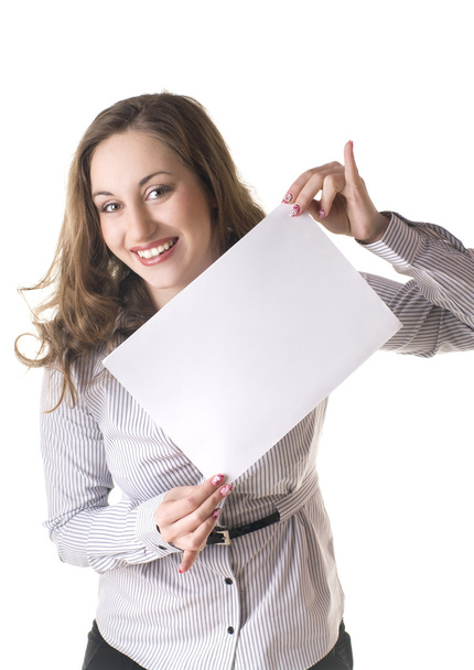 Portrait of a lovely young female holding blank sheet - Foto, imagen